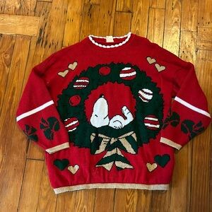 vintage snoopy & friends peanuts sweater christmas wreath sparkle womens